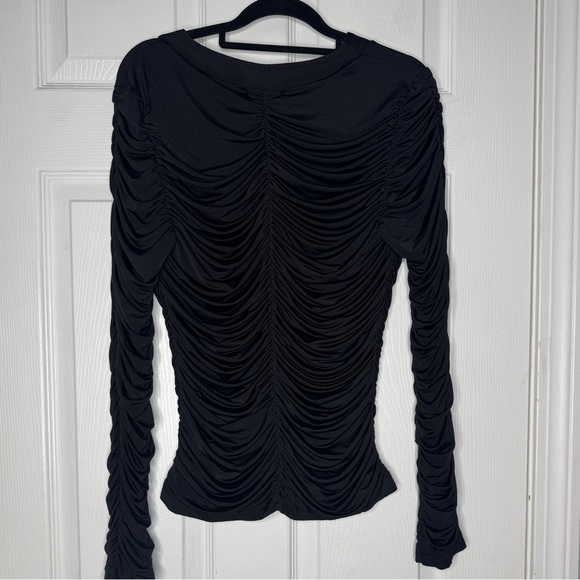 WHO WHAT WEAR Black Ruched Button Front Long Sleeve Blouse Size L - Picture 3 of 5